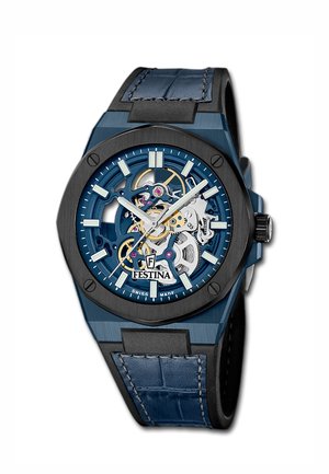 Blue and black wristwatch with skeleton dial showing mechanical gears, luminescent hour markers, silver hands, and leather-textured strap.