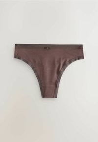 Culotte bikini pour femme marron sans couture, avec un petit nœud décoratif centré sur la ceinture, posée à plat sur un fond clair.