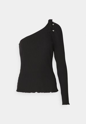 Schwarzes geripptes Langarmoberteil mit einem Schulterdesign. Mit einem gebundenen Detail und drei dekorativen Knöpfen an der Schulter. Strukturierter Stoff.
