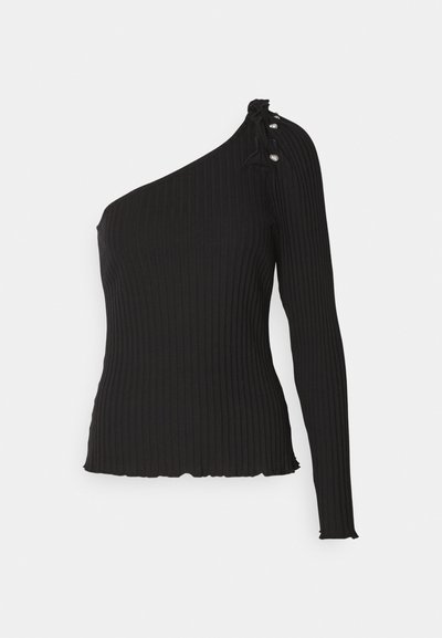 Black ribbed long-sleeve top with one shoulder design. Features a tied detail and three decorative buttons on the shoulder. Textured fabric.