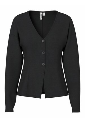 Zwarte longsleeve cardigan met een V-hals, voorzien van knoopsluiting, aansluitende pasvorm en een gladde stoftextuur.