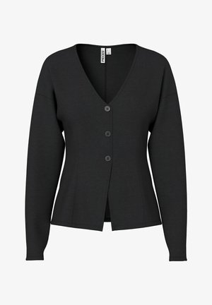Sort langærmet cardigan med V-hals, der har knaplukning, tætsiddende pasform og glat stoftekstur.