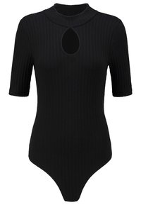 Bodysuit noir côtelé avec col montant, manches courtes et un détail en découpe ovale au niveau de la poitrine. Design ajusté.
