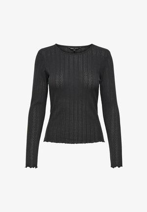 Black long-sleeve top with a fitted design, featuring vertical ribbed texture and scalloped hem. Made from soft, stretchy fabric.