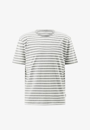 Weißes kurzärmeliges T-Shirt mit hellgrauen horizontalen Streifen und rundem Ausschnitt, dargestellt auf weißem Hintergrund.