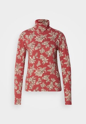 Punane lillemustriga kõrge kaelusega särk, mis on valmistatud pehmest kangast, pikkade varrukatega. Lillemuster on kogu disaini ulatuses kreemika värviga.