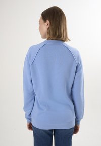 Felpa blu chiaro con collo a giro, maniche raglan e polsini a coste. Texture liscia con minimo dettaglio di cucitura sulle spalle.