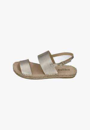 Beige flache Sandale mit zwei breiten Lederriemen, Knöchelriemen mit Schnalle und gewebter Jutesohle für den Freizeitgebrauch.