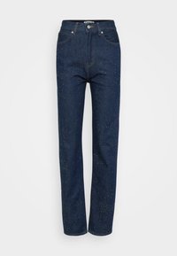 Donkerblauwe denim jeans met rechte pijpen, voorzien van een subtiele sprankeling, vijf zakken en een klassieke knoopsluiting.
