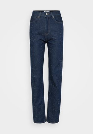Mørkeblå denimjeans med rette ben, med en subtil glitrende detalj, fem lommer og en klassisk knappelukking.