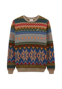 Pull en tricot avec un motif géométrique multicolore composé de rouge, vert, bleu et beige. Col rond et poignets et ourlet côtelés.