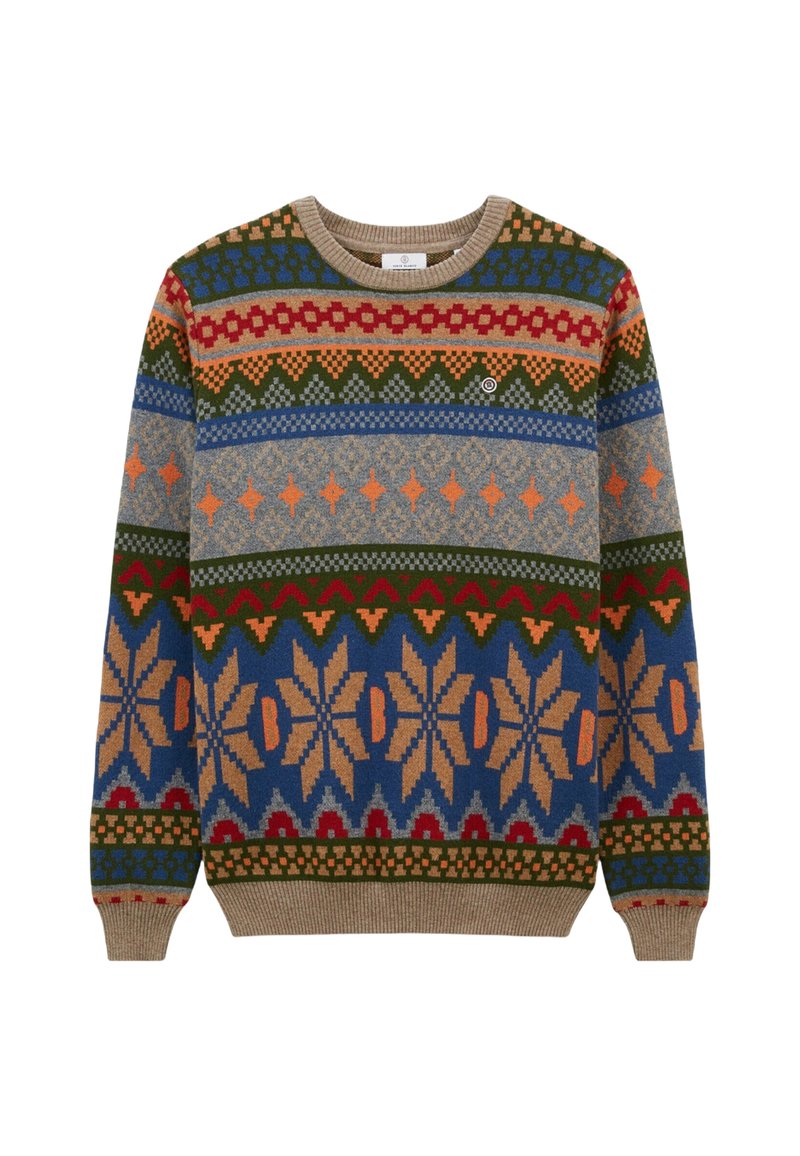 Pull en tricot avec un motif géométrique multicolore composé de rouge, vert, bleu et beige. Col rond et poignets et ourlet côtelés.