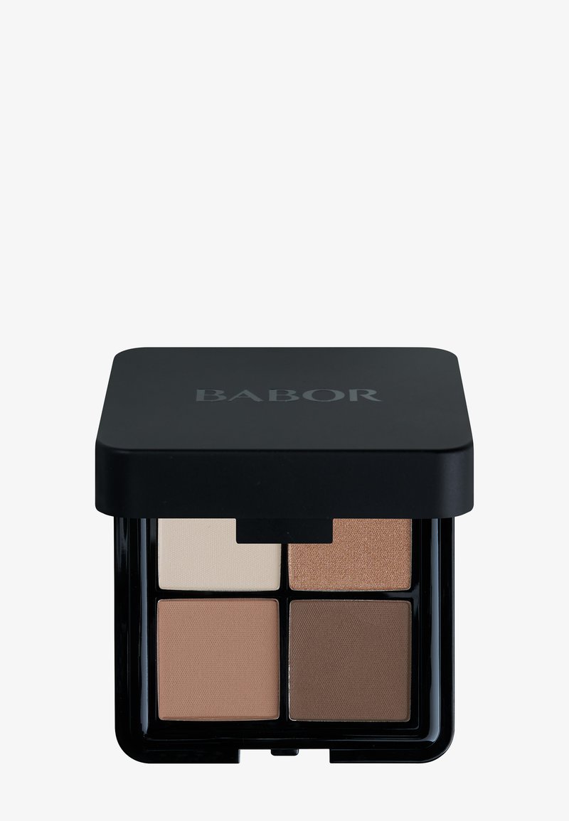 Paleta de sombras de ojos Babor con cuatro cuadrados: tonos beige, marrón claro, bronce brillante y marrón oscuro. Elegante estuche negro con el logo.