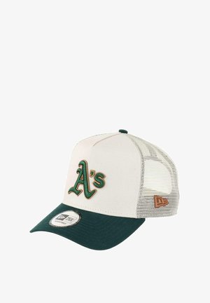 White and green baseball cap with a mesh back, featuring an embroidered “A's” logo and a dark green visor. Adjustable strap at the back.