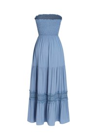 Abito lungo senza spalline di un azzurro chiaro con busto arricciato, gonna a strati e dettagli in pizzo all'orlo. Realizzato in un tessuto morbido e fluente.