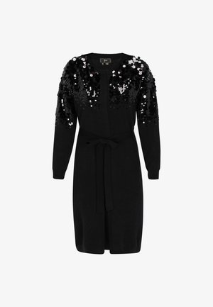 Fekete, hosszú ujjú kardigán, fényes fekete és ezüst flitterekkel a vállakon és a felső karokon, megkötős derékövvel.