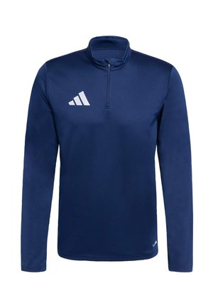 Marineblauwe pullover met een kwart rits, lange mouwen, gemaakt van zachte stof; beschikt over een wit drie-strepen logo op de linkerborst.