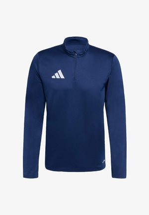 Marineblauer Pullover mit einem Viertelreißverschluss, langen Ärmeln, aus weichem Stoff; mit einem weißen Logo mit drei Streifen auf der linken Brust.