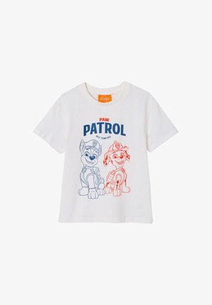 Weißes kurzärmliges T-Shirt mit blauen und roten Linienzeichnungen von zwei Paw Patrol-Hunden und dem Text "PAW PATROL BEST TEAM EVER" auf der Vorderseite.