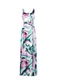 Langes, ärmelloses Kleid mit einem quadratischen Ausschnitt, floralem Wirbelmuster in Pink, Grün und Weiß, mit einem taillierten Gürtel und fließendem Stoff.