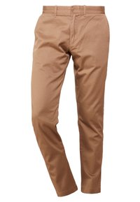 Brown cotton chinos with a slim fit, flat front, straight legs, and side pockets. Features a classic button closure and belt loops.