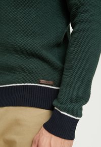 Grön stickad tröja med en texturerad mönster, marinblå ribbade ärmslut och vita ränder som accenter. En läderetikett med "PIER ONE" är fäst.