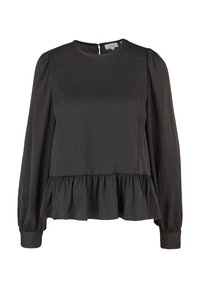 Blusa nera con maniche lunghe a palloncino, scollatura arrotondata e orlo a peplum. Tessuto testurizzato e apertura a goccia sul retro con bottone.