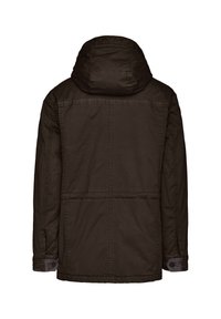 Braune Kapuzenjacke mit glatter Textur, ausgestattet mit Steppnähten und verstellbaren Bündchen. Schlichter Rücken ohne sichtbare Logos oder Verzierungen.