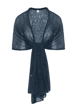 Ciemnoniebieska otwarta chusta o szerokich ramionach i długim, luźno opadającym przednim panelu, prezentowana na białym tle.