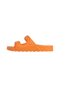 Orange slide sandal featuring two adjustable buckles, a contoured footbed, wavy outsole, and a smooth, rubber-like texture.