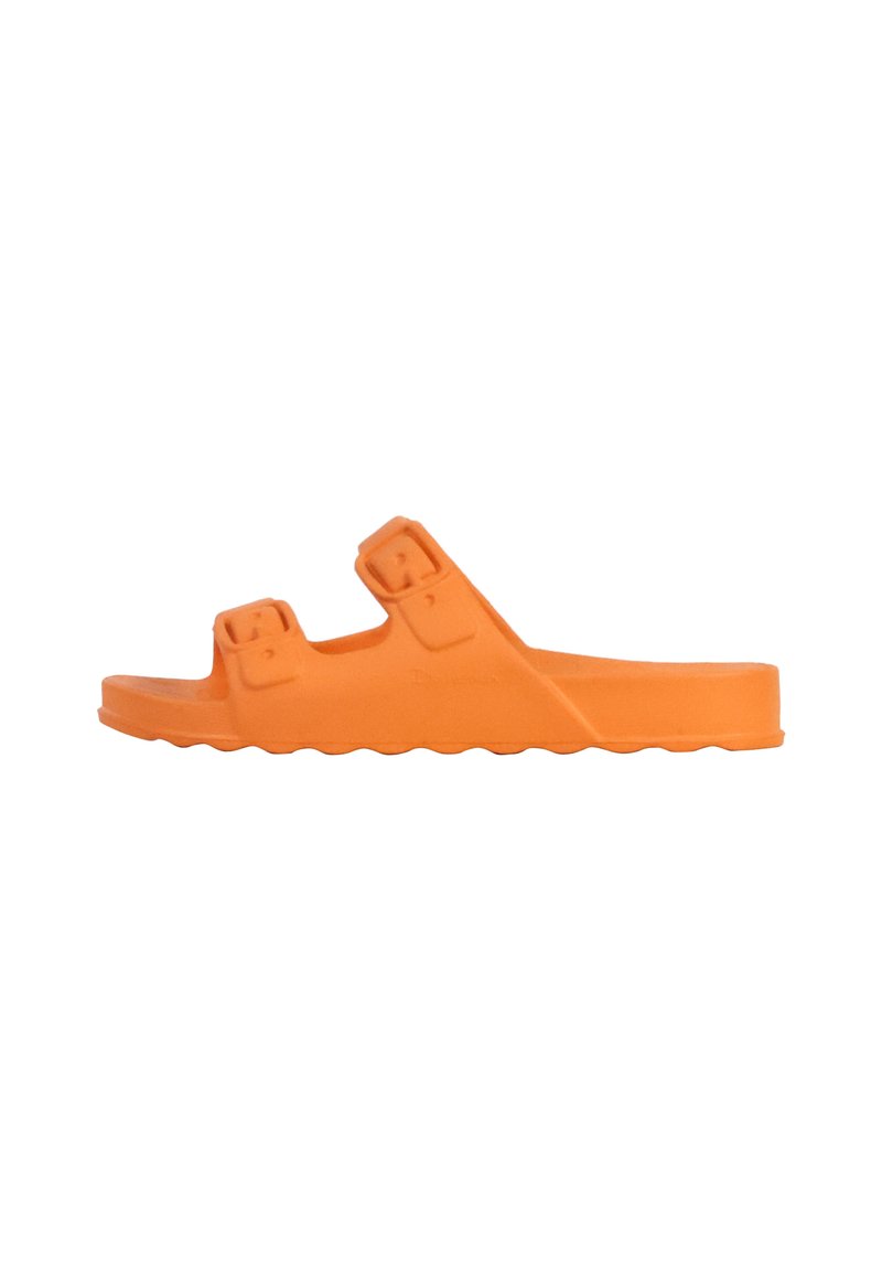 Orange slide sandal featuring two adjustable buckles, a contoured footbed, wavy outsole, and a smooth, rubber-like texture.