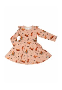 Pitkähihaista vaaleanpunaa mekkoa, jossa on liehuva olka, ja siinä on hauska kuvio oransseista lehmistä, polkupyöristä ja pienistä eläinkuvioista.