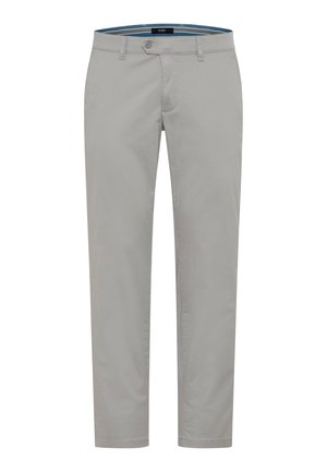 Lysegrå herrebukser med lige ben, lukket med knap og lynlås, bæltestropper og en indvendig linning med blå striber.
