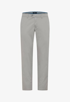 Pantalon droit pour homme de couleur gris clair avec fermeture par bouton et zip, passants pour ceinture, et une ceinture intérieure rayée bleue.