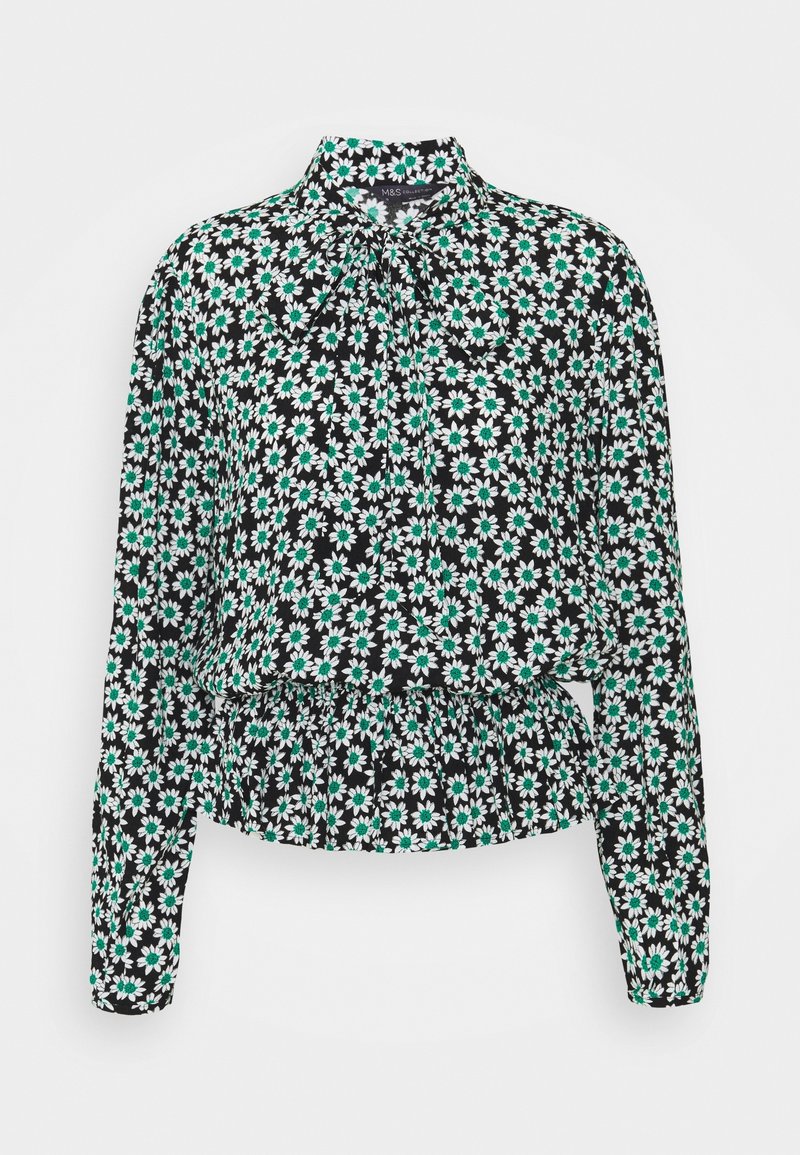 Zwarte blouse met lange mouwen, bedrukt met witte en groene madeliefjes, hoge hals met gestrikte strik en gedetailleerde geplooide taille.