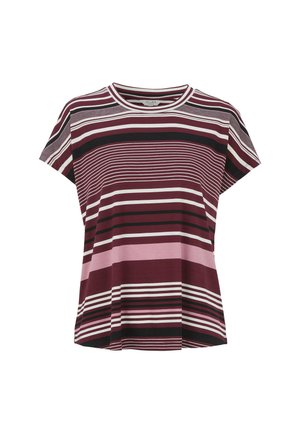 Stribet kortærmet t-shirt i burgunder, pink, sort og hvid. Har en rund halsudskæring og en afslappet pasform med en lige kant.