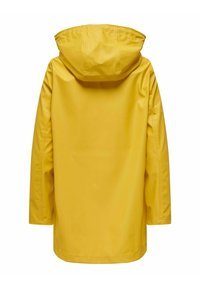 Imperméable jaune à capuche montré de dos avec des manches longues et un ourlet droit sur fond blanc.