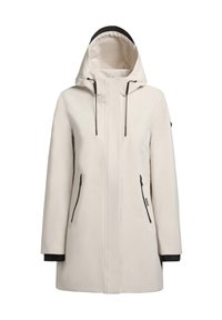 Veste imperméable beige clair avec capuche, accents noirs, fermeture éclair à l'avant et deux poches latérales zippées. Texture lisse, coupe décontractée.