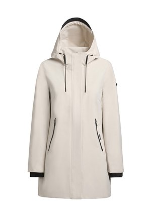 Light beige waterproof jacket with a hood, black accents, front zipper, and two side zippered pockets. Smooth texture, relaxed fit.