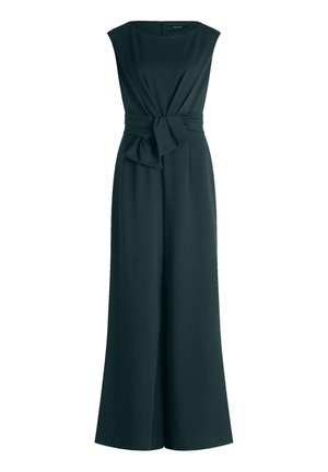 Jumpsuit verde scuro con design senza maniche, fondo a gamba larga e dettaglio in vita annodato. Tessuto liscio senza motivi visibili.