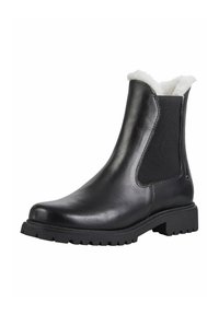Schwarze Leder-Ankle-Boots mit elastischen Seiteneinsätzen, weißem Kunstfellfutter an der Oberkante und einer robusten Gummisohle mit Profil.