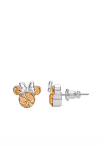 Boucles d'oreilles en argent avec des pierres cristallines jaune-orange en silhouette de Minnie Mouse avec un accent en forme de nœud.