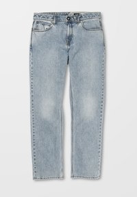 Jeans de mezclilla de color azul claro con corte recto, cinco bolsillos y costuras visibles. La tela tiene una ligera textura y áreas desgastadas.