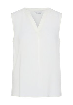 Ärmellose weiße Bluse mit V-Ausschnitt und dezentem Kragen, aus leichtem Stoff, vor schlichtem weißem Hintergrund gezeigt.