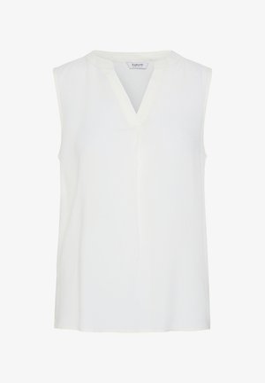 Ärmellose weiße Bluse mit V-Ausschnitt und dezentem Kragen, aus leichtem Stoff, vor schlichtem weißem Hintergrund gezeigt.