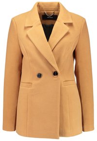 Dubbelknäppt kavaj i senapsgul tyg med slagkrage, svarta knappar och två framfickor. Slät struktur, skräddarsydd design.