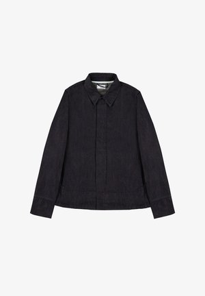 Black denim jacket with a collar, long sleeves, and a straight cut. Features a front placket and subtle texture. Clean design elements.