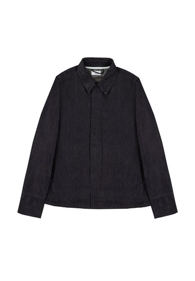 Black denim jacket with a collar, long sleeves, and a straight cut. Features a front placket and subtle texture. Clean design elements.
