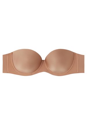 Nackter trägerloser BH mit glatten gepolsterten Cups, breiten Flügeln und nahtlosen Kanten. Das Material wirkt dehnbar und weich mit minimalen Nähten.