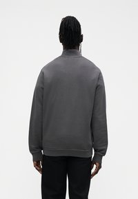 Gray sweatshirt with a high collar, relaxed fit, and ribbed cuffs. Soft texture and minimalistic design, shown from the back.